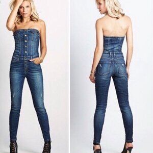 Guess Strapless denim jumpsuit button front